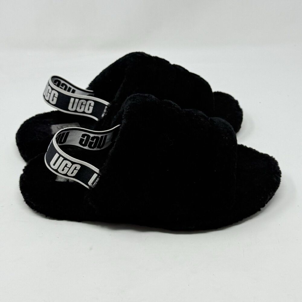 UGG Fluff Yeah Shearling Slingback Slippers Kids Girls 5 Black Red Open Toe